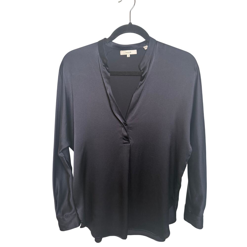 VINCE Silk Satin Band Collar Blouse in Coastal Blue Navy Size XS Old Money